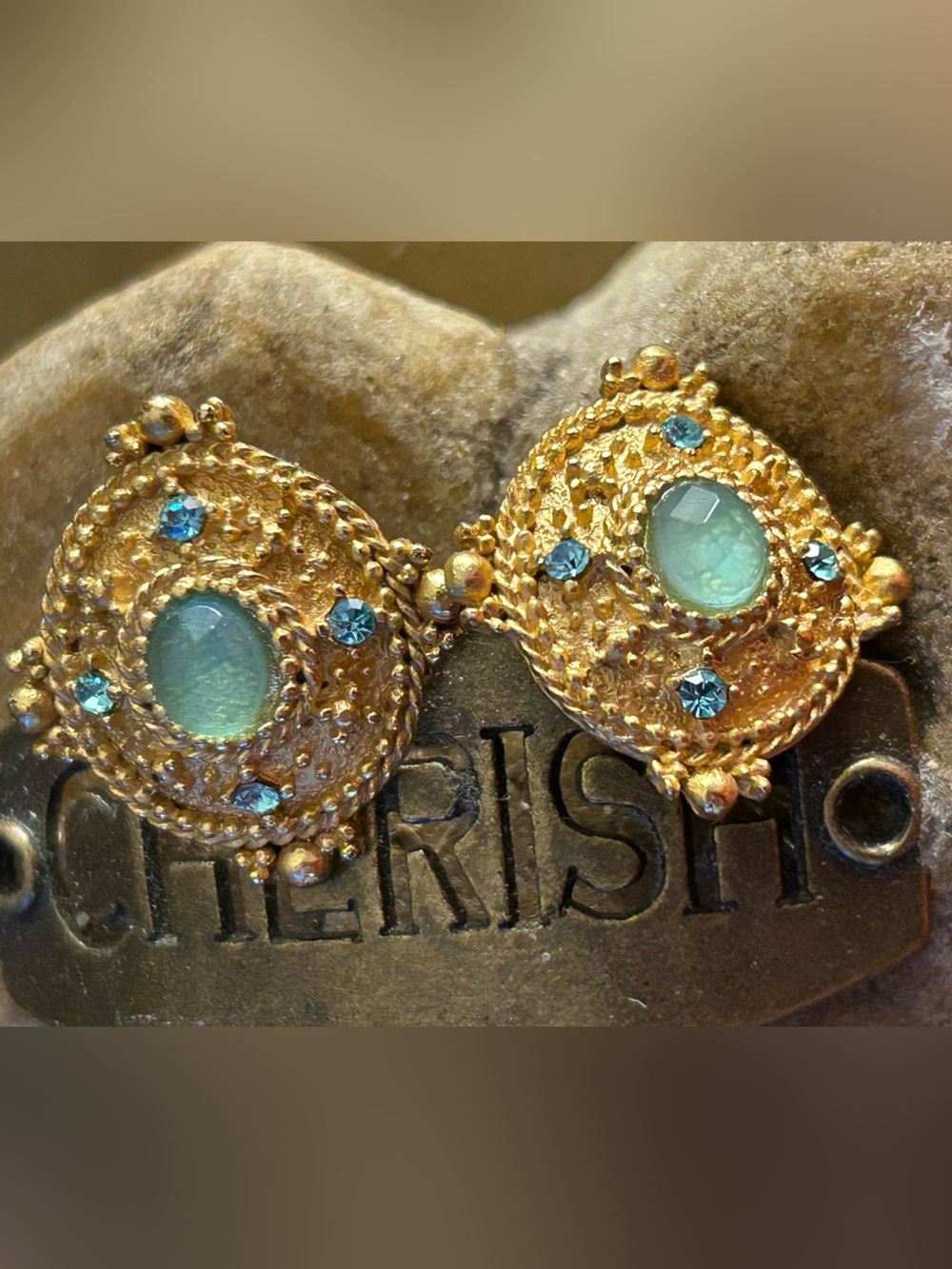 Earrings Renaissance look Goldtone ovals aqua blue cabochon & crystals. Pierced - Picture 2 of 7